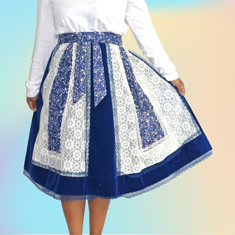Vintage Midi Skirt Blue Velveteen Patchwork Floral Lace Velvet 70s Size Small